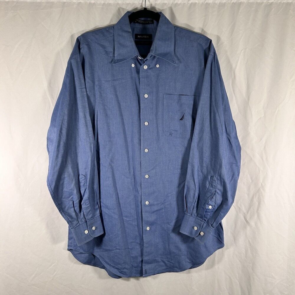 Nautica Dress Shirt Men's 16 32 33 Blue Button Up Long Sleeve Vintage Oxford
